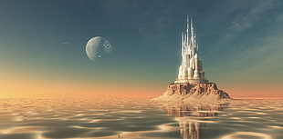 white castle graphic wallpaper, fantasy art, artwork, futuristic, palace