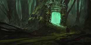 portal gate illustration, fantasy art, forest, gates HD wallpaper