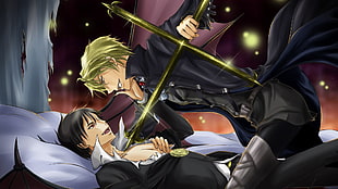 two men anime character holding cross sword illustration, Durarara!!, Orihara Izaya, Heiwajima Shizuo, anime HD wallpaper