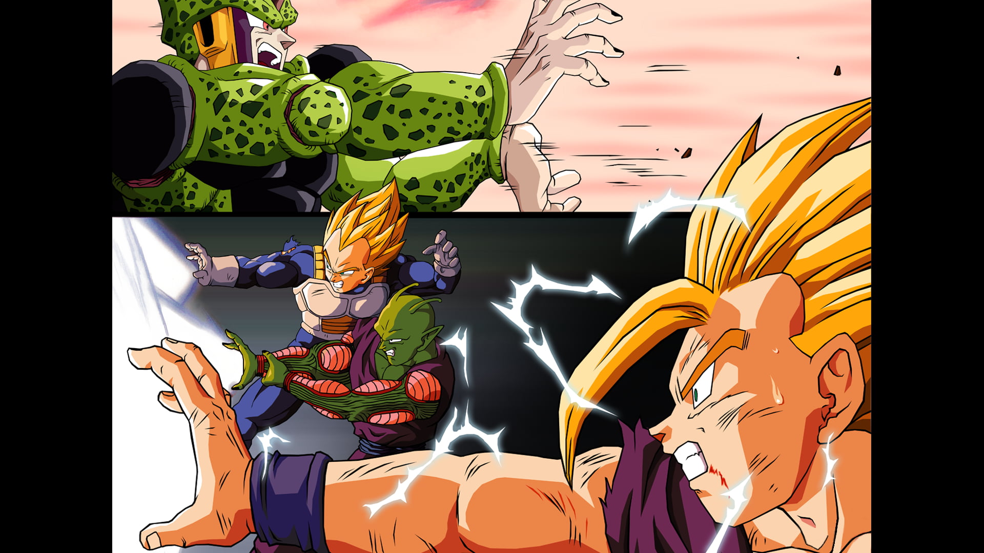 Dragon Ball Perfect Cell, SSJ Vegeta, Piccolo and SSJ Gohan digital wallpaper, Dragon Ball Z