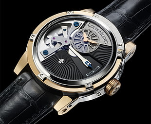 round gold-colored and black Louis Moinet skeleton watch with black leather strap HD wallpaper