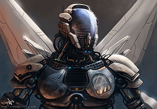 gray winged armor robot, fantasy art, cyborg, robot, futuristic HD wallpaper