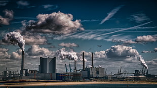 gray factory, sky, industrial, clouds, blue