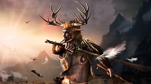 man holding staff animated digital wallpaper, sunlight, mountains, artwork, The Elder Scrolls V: Skyrim HD wallpaper