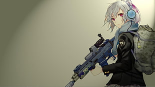 white haired female anime character holding assault rifle wallpaper