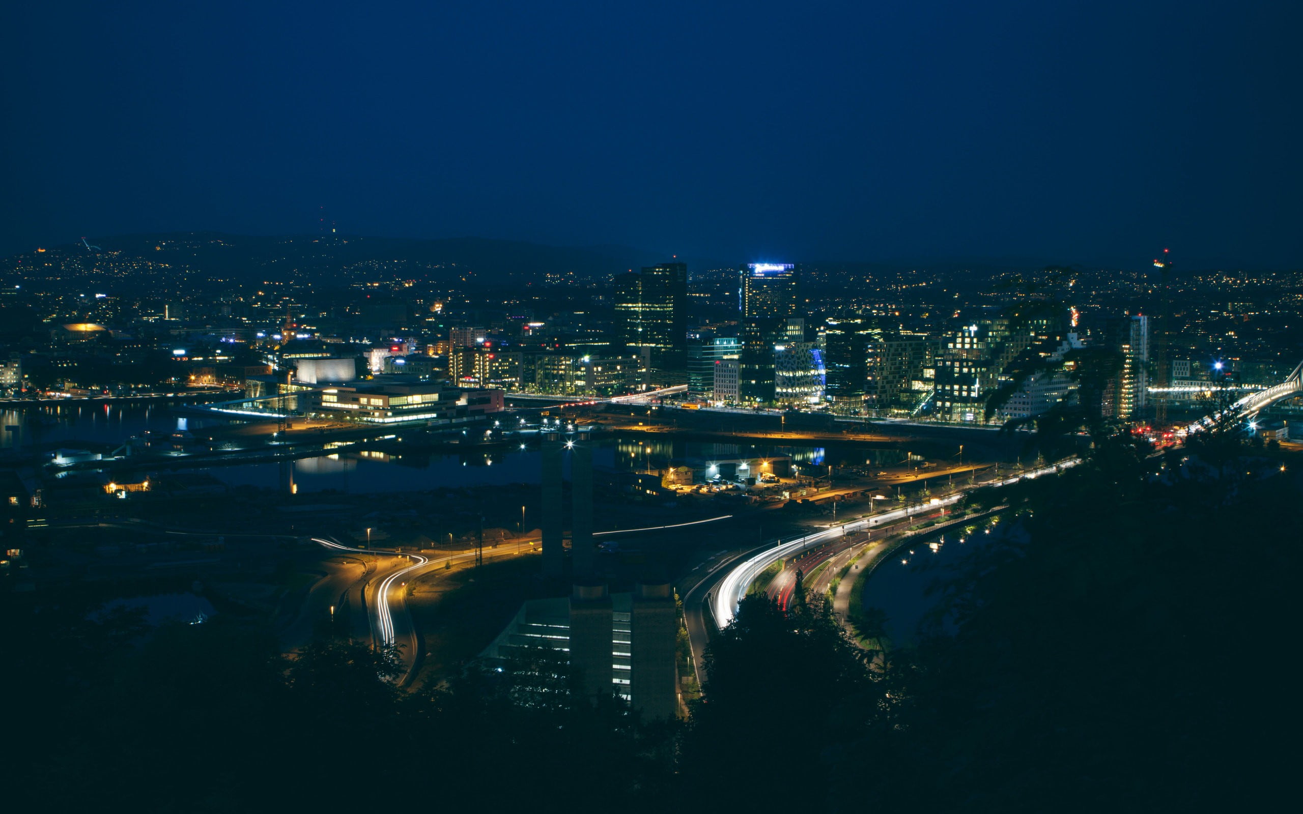time lapse photograph of cityscape under night sky, Oslo, Norway, barcode, cityscape