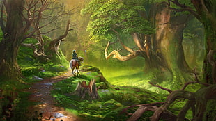 person horse back riding illustration, video games, The Legend of Zelda, Link, forest