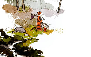 boy and cat walking illustration, Calvin and Hobbes HD wallpaper