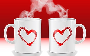 two white-and-red ceramic mugs HD wallpaper