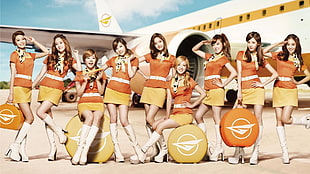 women wearing air stewardess outfits near airplane HD wallpaper