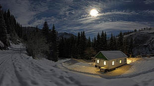 white and green house, nature, landscape, night, Moon HD wallpaper