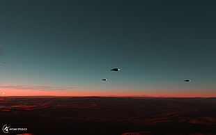 orange sunset, space, spaceship, planet, rings