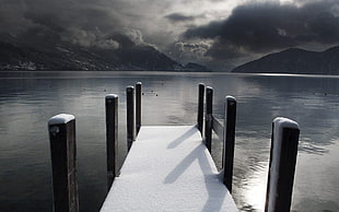 white and black wooden dock, pier, nature, clouds, water HD wallpaper