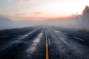 gray asphalt road digital wallpaper, road, sunlight, mist, asphalt