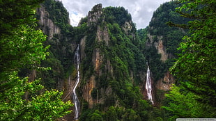 green mountain, nature, landscape, waterfall, forest