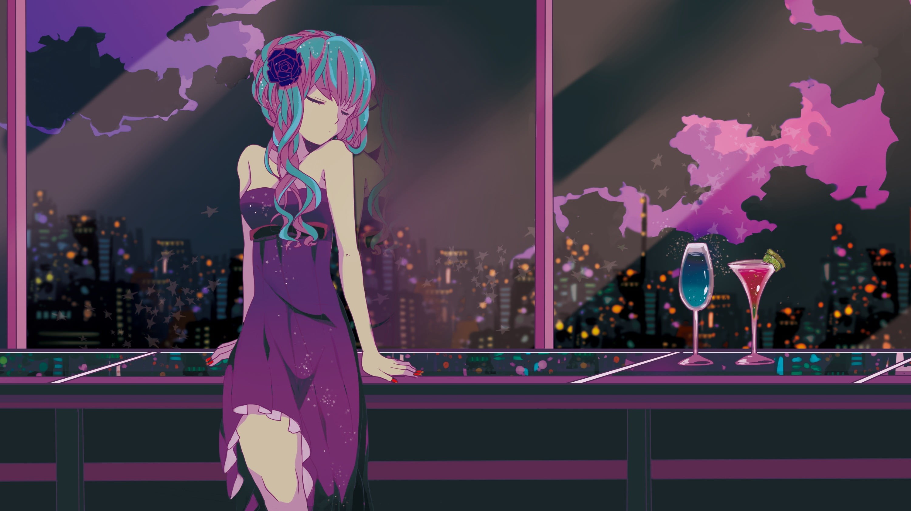 Pink and blue haired female wearing purple dress illustration HD wallpaper  | Wallpaper Flare