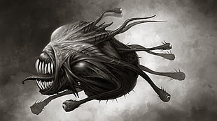 monster digital wallpaper, digital art, monochrome, creature, DeviantArt