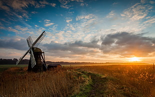 brown windmill, landscape, sunset, windmill, sky HD wallpaper