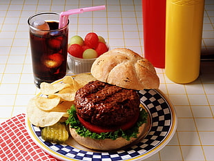 Burger with patty on plate HD wallpaper