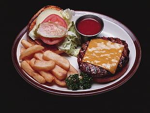 burger, fries, and red sauce on white and brown ceramic plate HD wallpaper