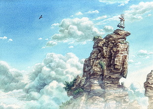 female character digital artwork, fantasy art, clouds, cliff HD wallpaper
