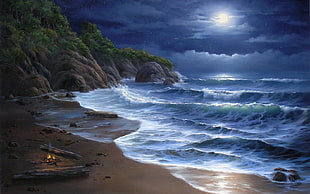 ocean water near mountain during full moon illustration HD wallpaper