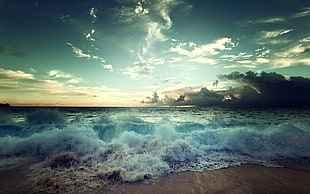 seashore under white clouds and blue sky digital wallpaper, nature, sea, waves, sky