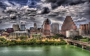 green leafed trees, HDR, building, cityscape, river