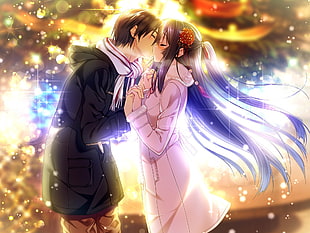 male and female anime characters illustration, kissing, couple HD wallpaper