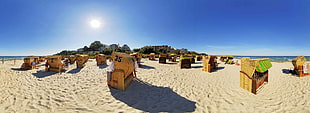 panorama photography brown wooden stall on beach, beach HD wallpaper