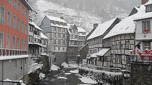 wooden houses, snow, house, mountains, town