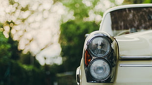 white car, photography, old car, car, Headlights