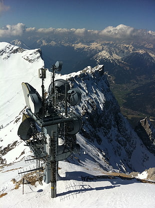 grey satellite dish, antenna, mountains, snow HD wallpaper