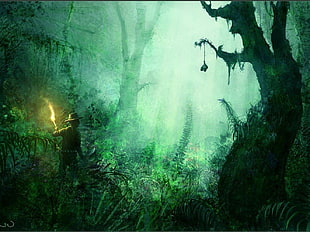 man holding torch near the tree wallpaper, fantasy art, forest