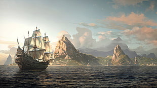 gray ship, artwork, landscape, Anno HD wallpaper