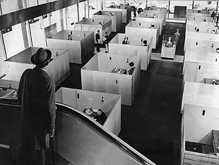rectangular white wooden dining table with chairs set, Jacques Tati, Monsieur Hulot, Playtime, office HD wallpaper
