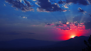 black mountain, sunset, planes, sky, clouds