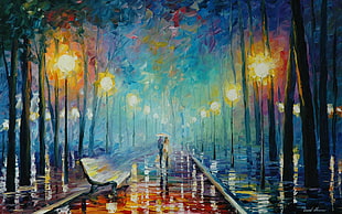 couple walking in the rain painting, lovers, rain, umbrella, trees