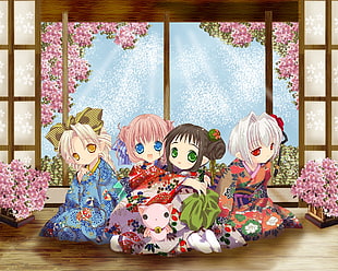 four female anime wearing kimono HD wallpaper