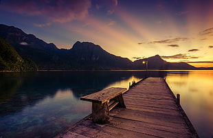 brown wooden bench, lake