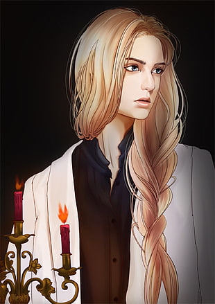 female anime character in white suit jacket, blonde, braids, blue eyes, candles HD wallpaper
