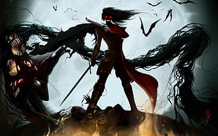 man wearing black suit and red cloak holding sword fan art, Alucard, Hellsing, vampires HD wallpaper