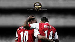 men's red and white crew-neck shirt, Arsenal Fc, London, Thierry Henry, Dennis Bergkamp HD wallpaper