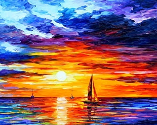 painting of multicolored sailboat on body of water during sunset, Leonid Afremov, painting, colorful, boat HD wallpaper