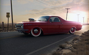 photo of red coupe on Route 66 concrete road HD wallpaper