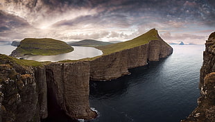 brown wooden table with two chairs, nature, photography, landscape, cliff HD wallpaper