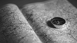 round silver-colored compass, map, compass, monochrome, books