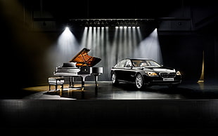black BMW sedan and grand piano wallpaper, BMW, car, piano, stages HD wallpaper