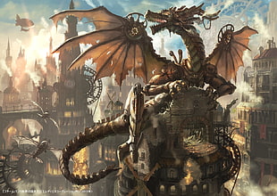 brown dragon illustration, clockworks, steampunk HD wallpaper