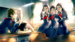 anime character illustration, school uniform, school, sun rays HD wallpaper